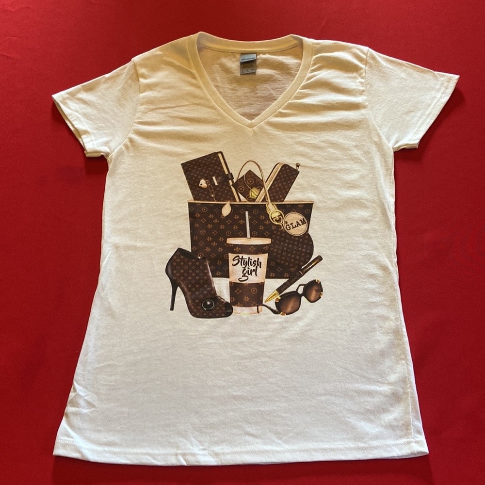Stylish Girl, V-neck, soft cotton, feminine cut tee.